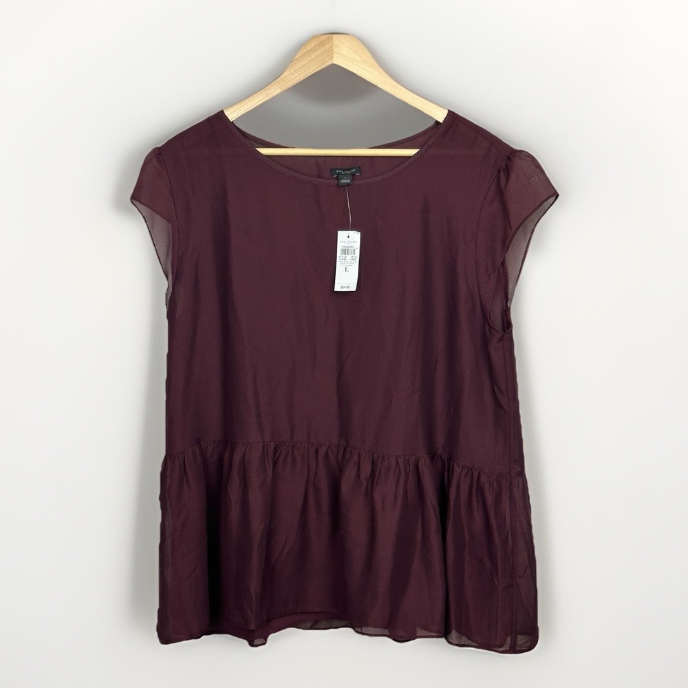 NWT Ann Taylor Sheer Cap Sleeve Peplum Pullover Blouse Burgundy Women's Large